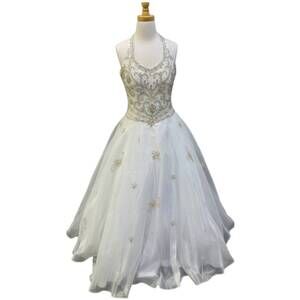 NEW LITTLE ROSIE girl's sleeveless halter maxi dress in white/gold